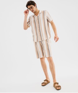 Chemise manches courtes et col cubain à rayures homme[MISSING]
